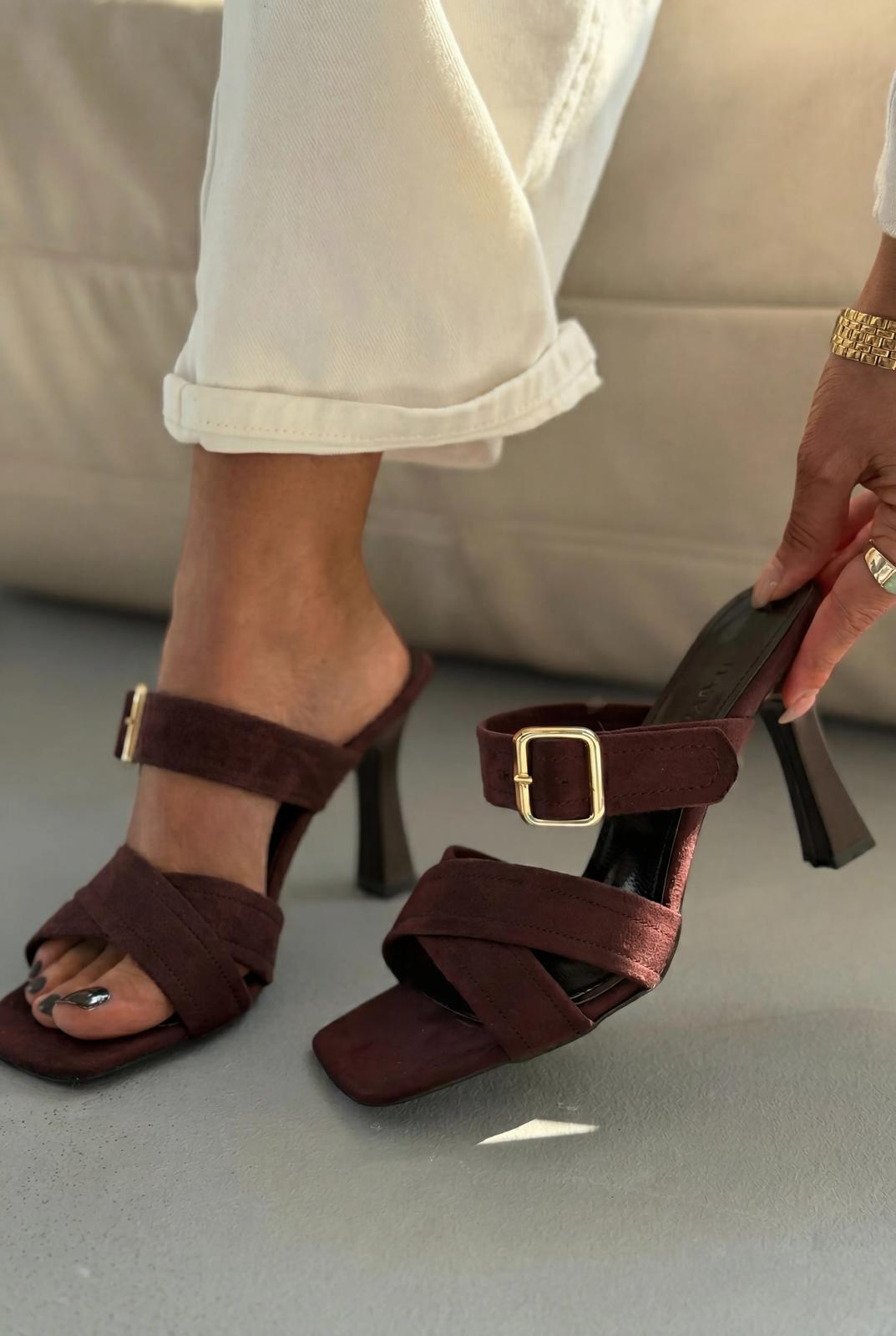 Norden Acıkahve Süet Kadın Topuklu Terlik - ILOVESHOES