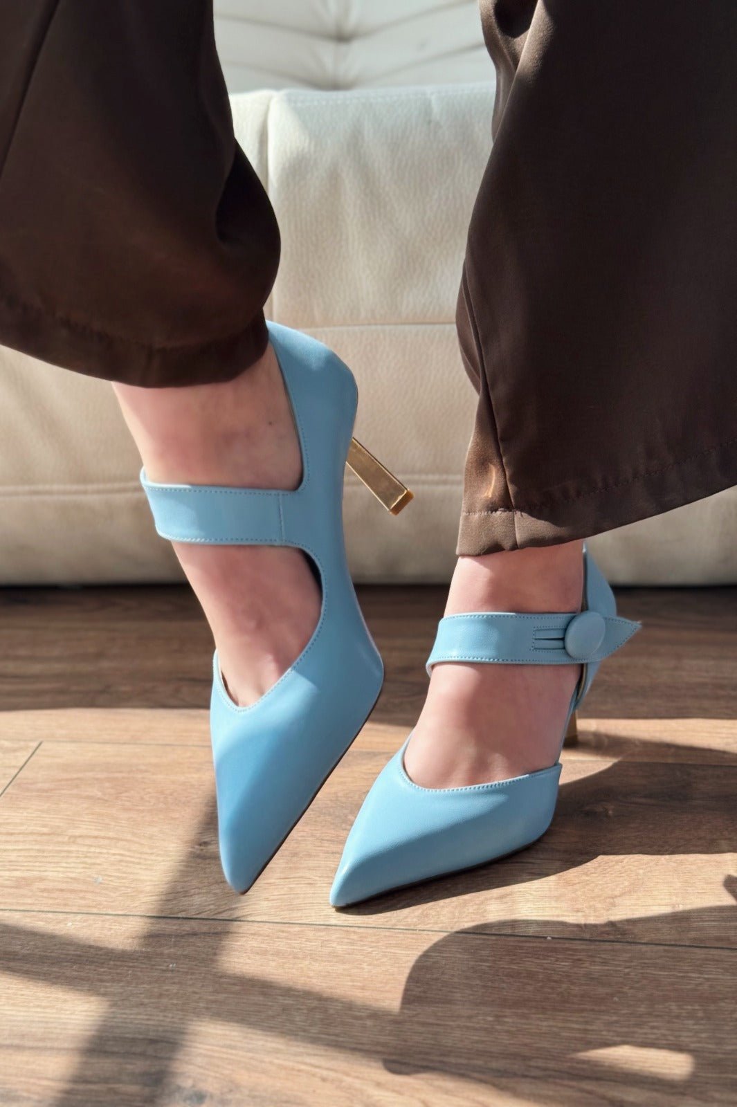Wasord Mat Deri Düğme Detaylı Stiletto Mavi - ILOVESHOES