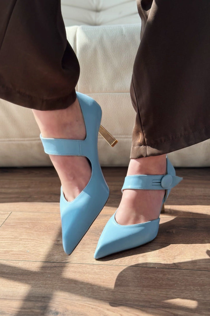 Wasord Mat Deri Düğme Detaylı Stiletto Mavi - ILOVESHOES