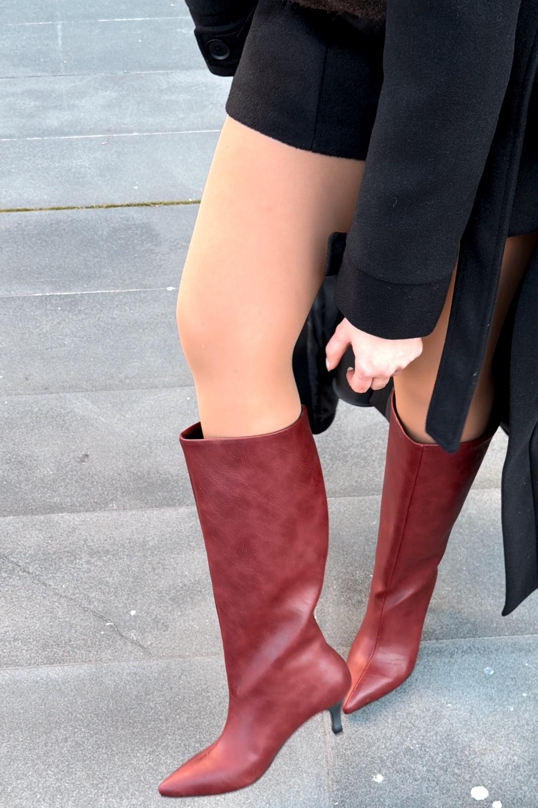 Remni Kadın Topuklu Çizme Bordo Mat Deri - ILOVESHOES