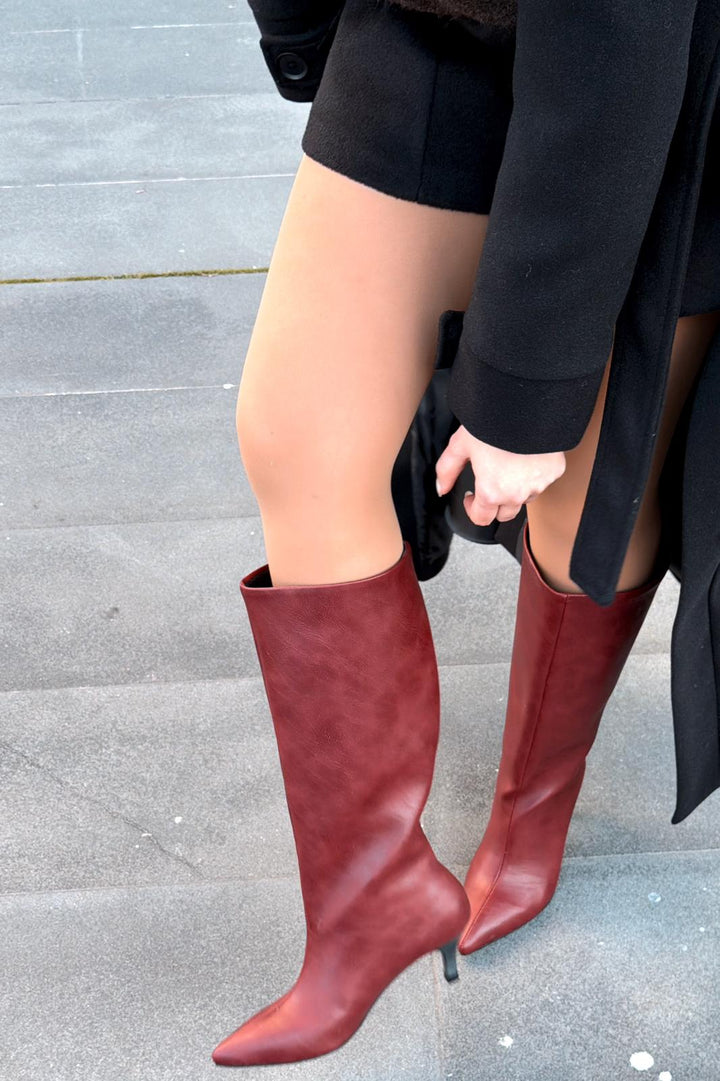 Remni Kadın Topuklu Çizme Bordo Mat Deri - ILOVESHOES