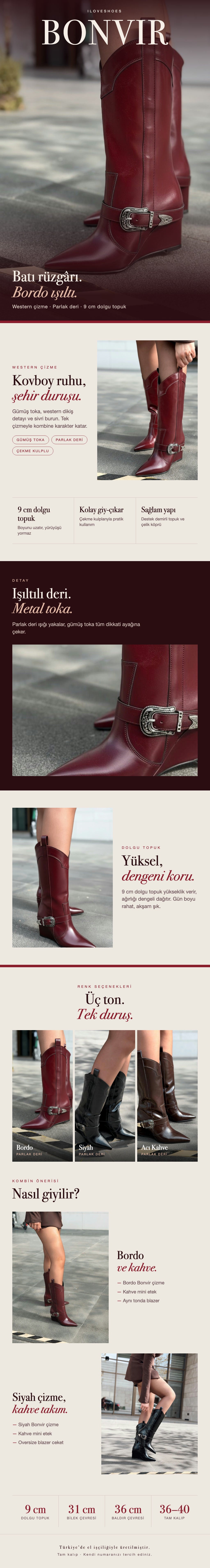ILOVESHOES — Her adımda yanındayız. Hızlı kargo: Beden seçiminde hızlı kargo uyarısı gördüğün ürünler aynı gün kargoda. Yeniden üretiyoruz: Yoğun talep gören ürünleri üretim gücümüzle yeniden hazırlıyoruz. 22 ülkeye ulaşıyoruz: Ürünlerimizi dünyanın 22 ülkesine gönderiyoruz.
