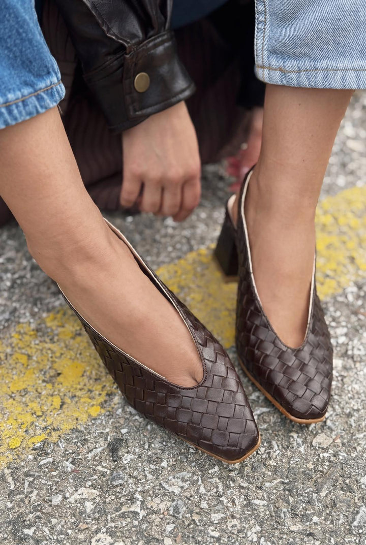 Meladina Topuklu Ayakkabı Acıkahve Mat Deri Örgü Desenli - ILOVESHOES