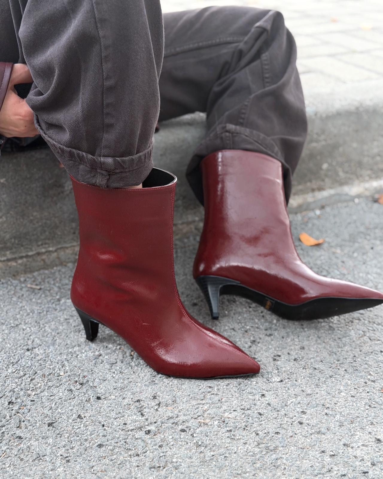 Silvar Kadın Topuklu Bot Bordo Kırışık Rugan - ILOVESHOES
