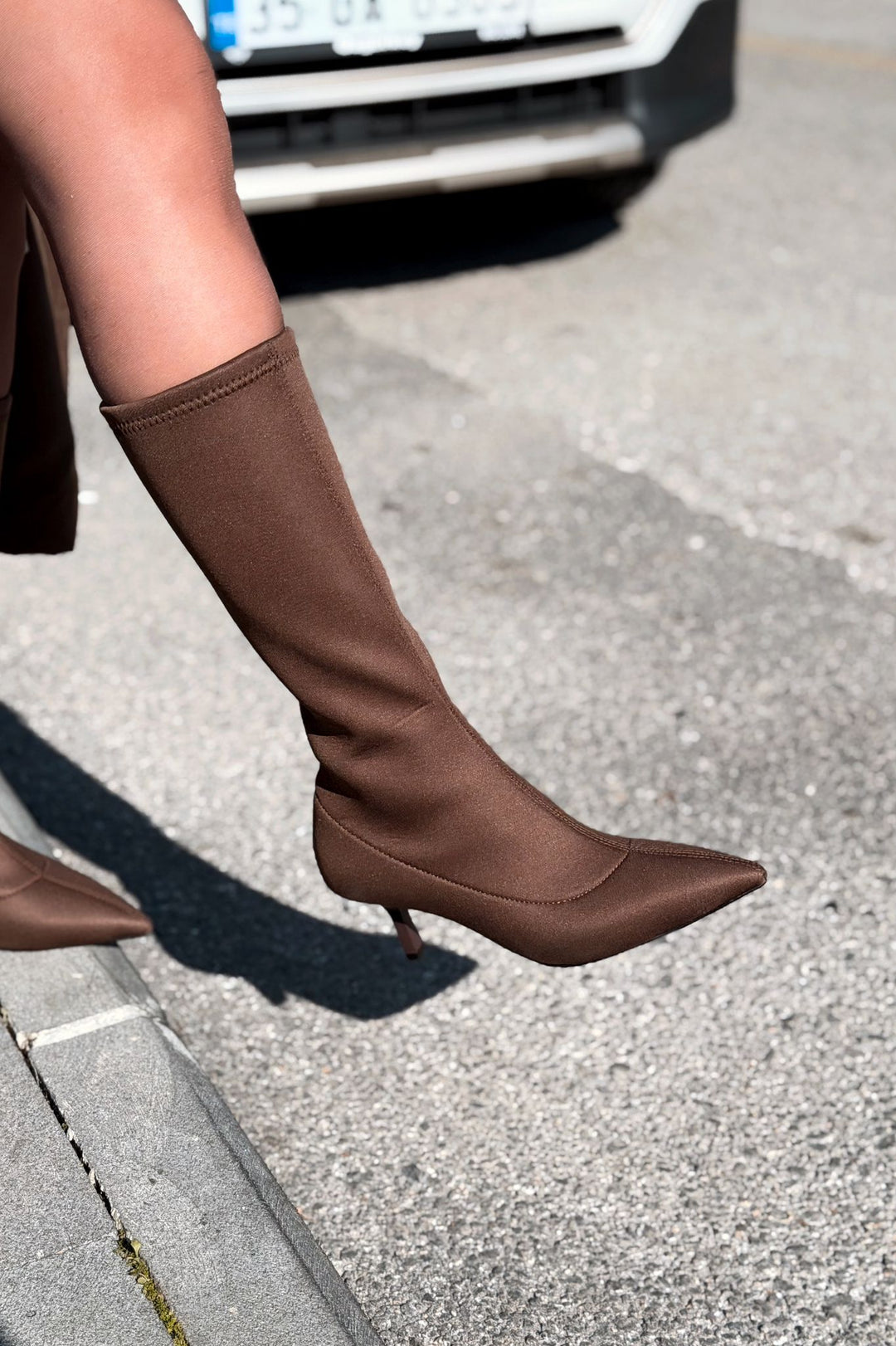 Ralve Kadın Topuklu Streç Çizme Acıkahve Dalgıç Kumaş - ILOVESHOES