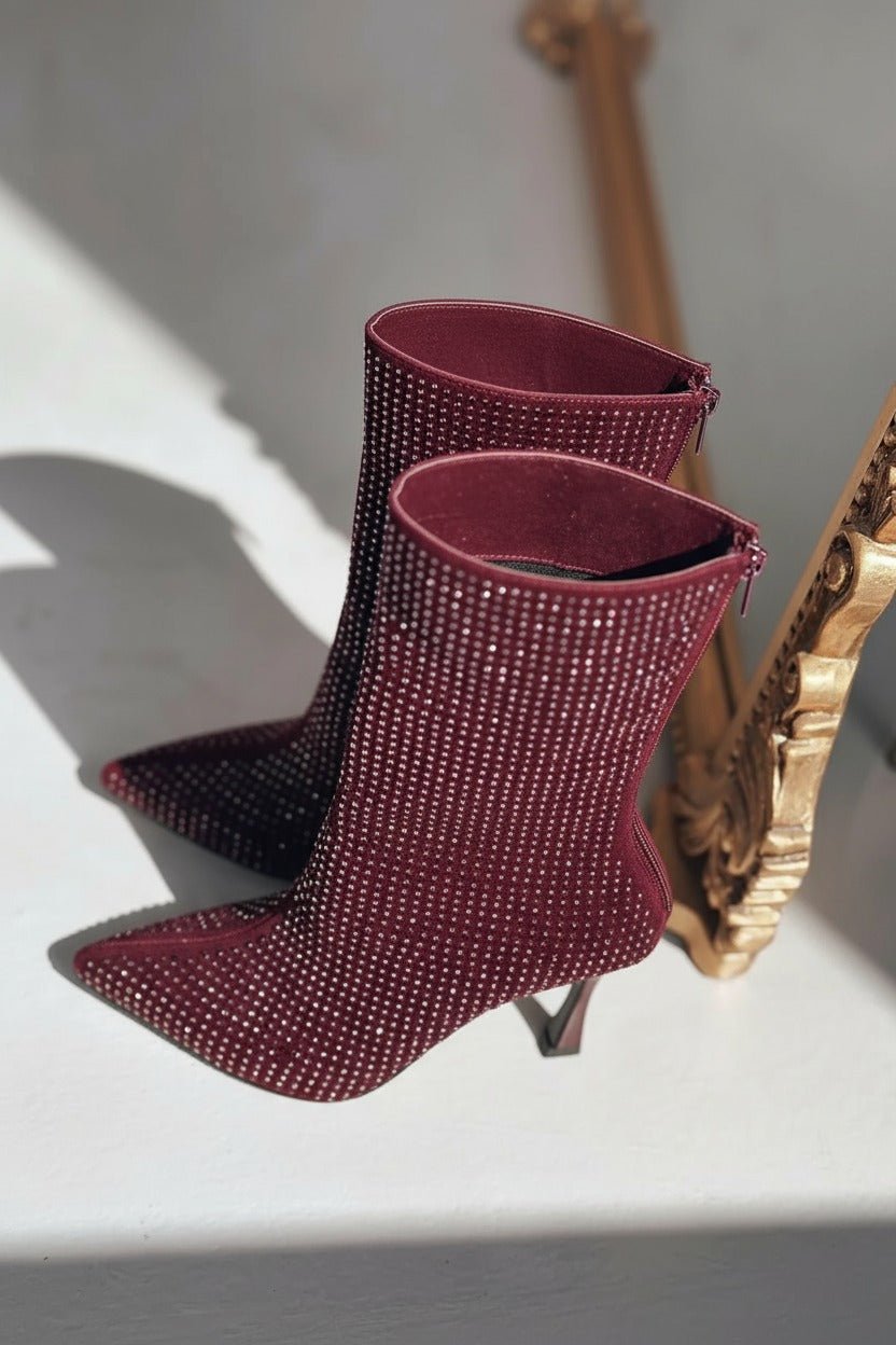 Simley Topuklu Kadın Çizme Bordo Süet Gri Taşlı - ILOVESHOES