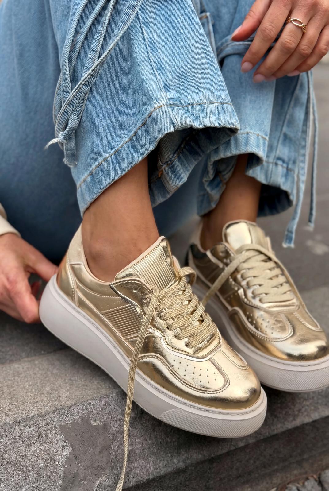 Larisa Kadın Spor Ayakkabı Gold Parlak Deri - ILOVESHOES