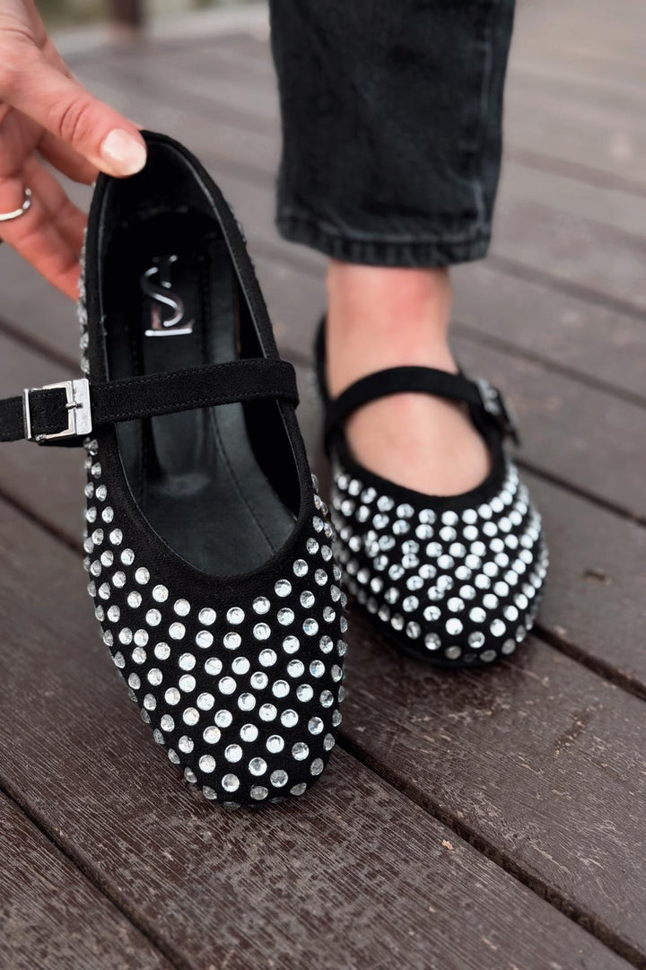 Orion Kadın Babet Siyah Süet Gri Taş Detaylı - ILOVESHOES