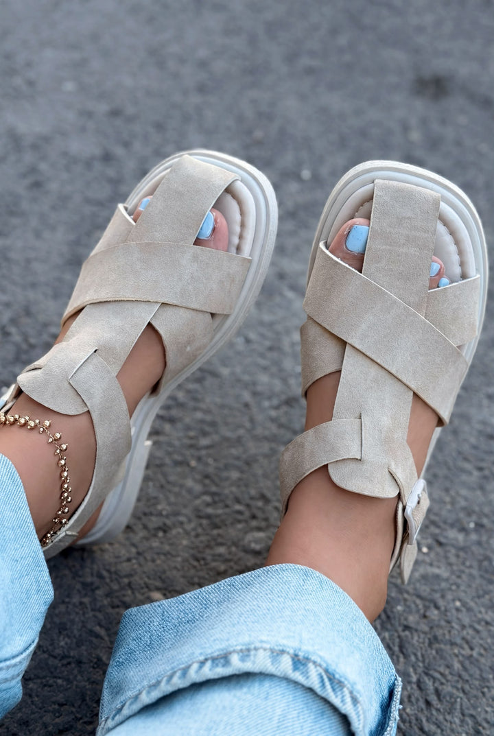 Evyra Bej Süet Kadın Sandalet - ILOVESHOES