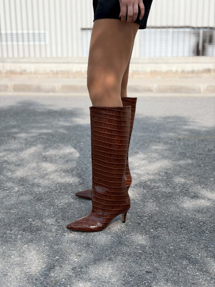 Gwen Desenli Kadın Çizme Taba - ILOVESHOES