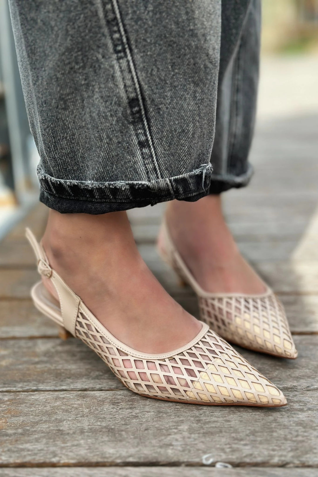 Talin Nude Matte Leather Mesh Detail Women&