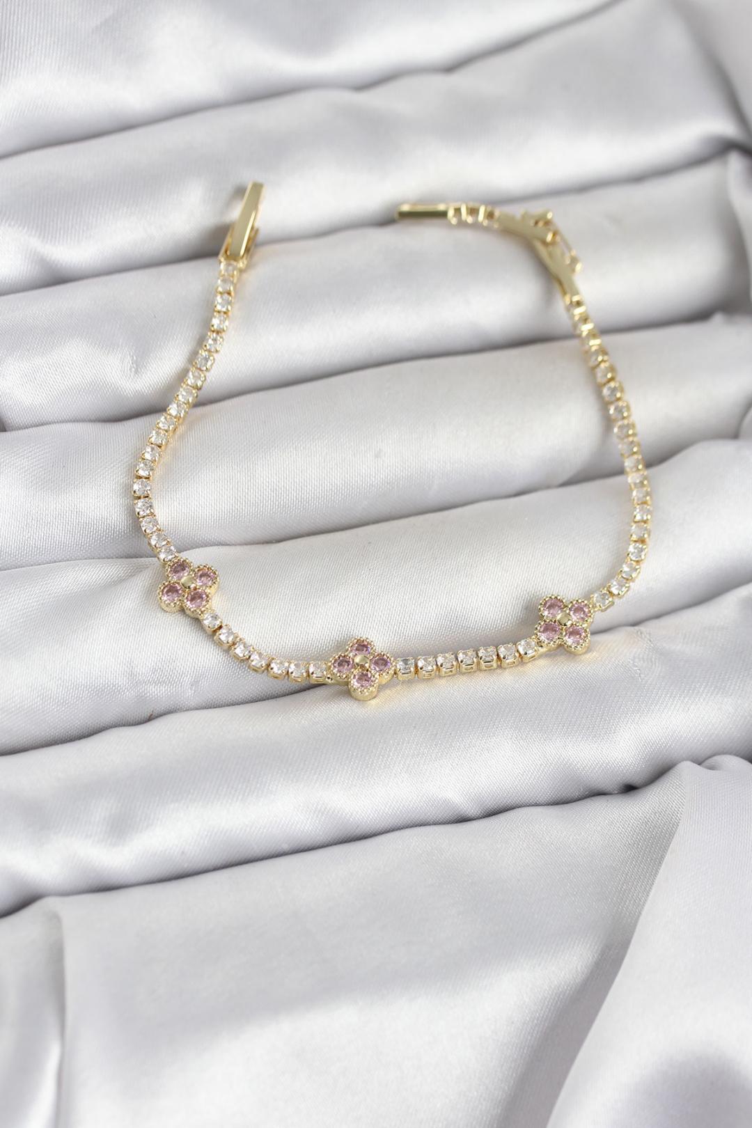 ILS - 1114 Kadın Bileklik Gold Pirinç Yonca Zirkon Taşlı - ILOVESHOES