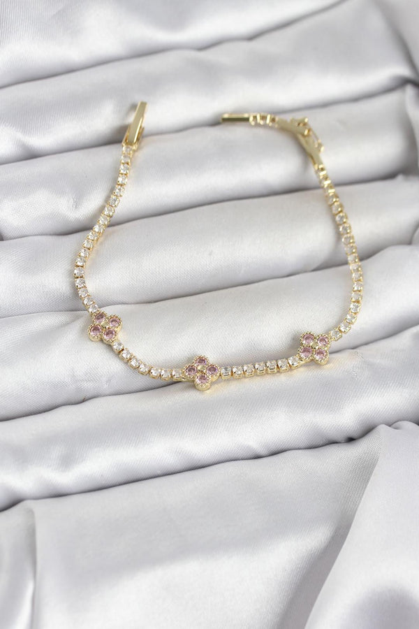 ILS - 1114 Kadın Bileklik Gold Pirinç Yonca Zirkon Taşlı - ILOVESHOES
