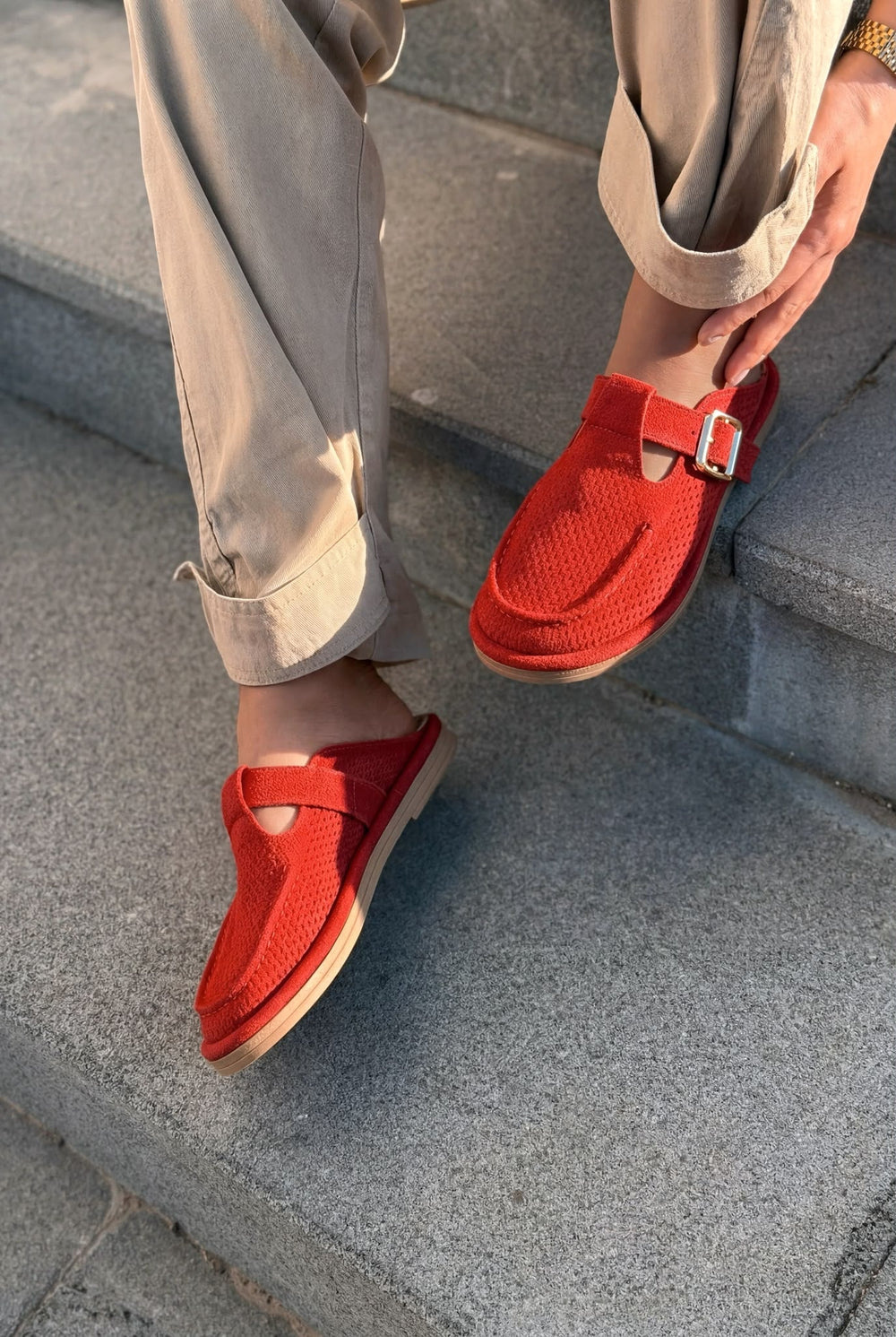 Karmel Kırmızı Süet Kadın Terlik - ILOVESHOES