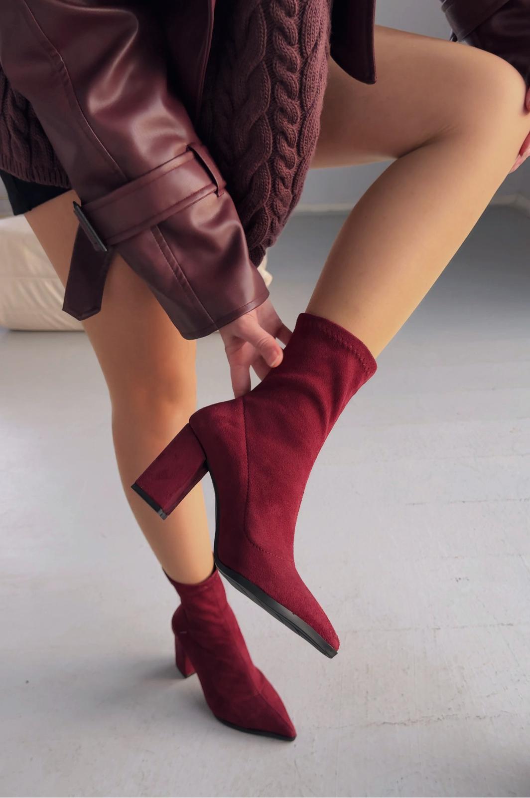 Ardews Süet Topuklu Çorap Bot Bordo - ILOVESHOES