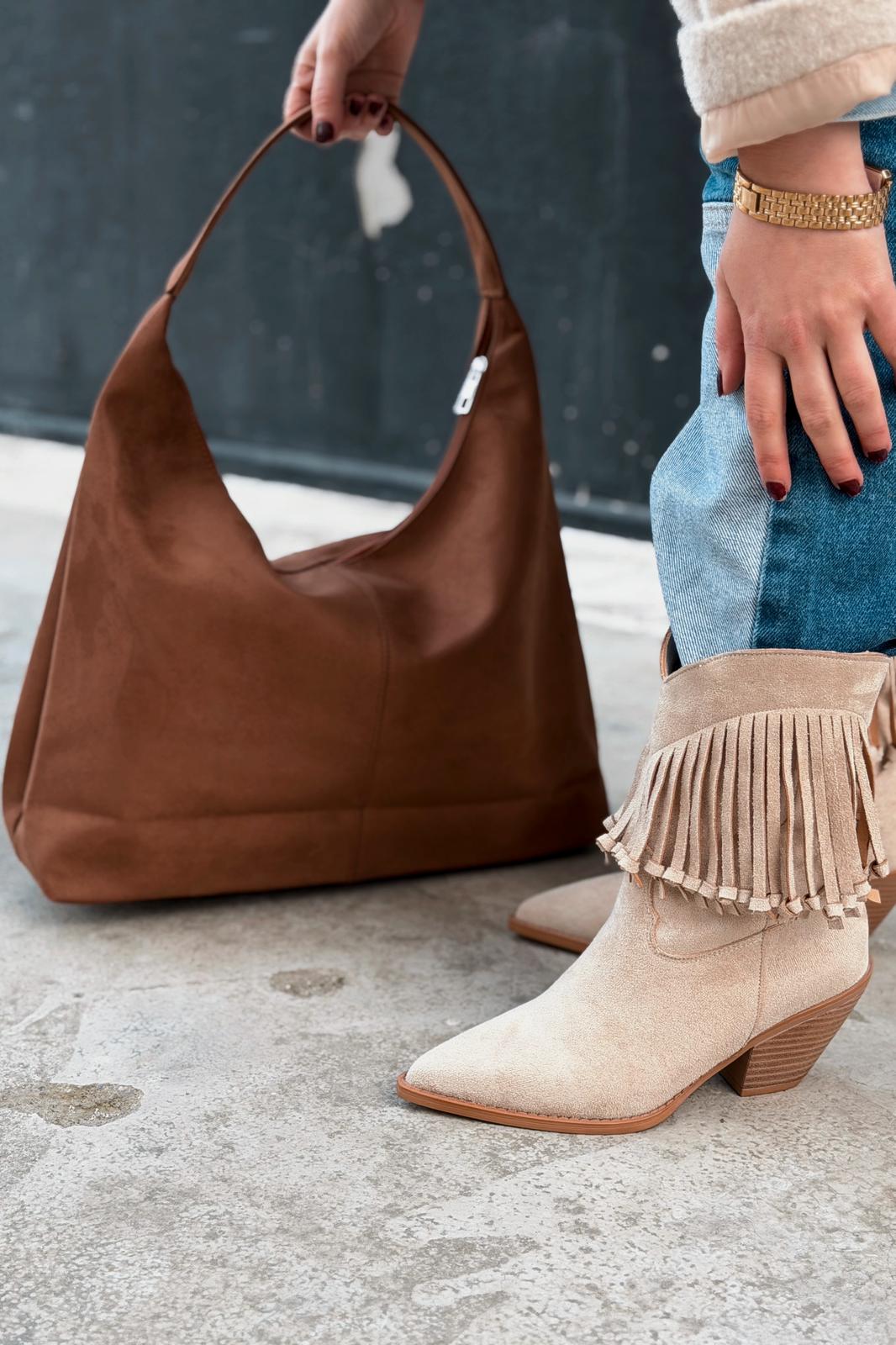 Iserne Kadın Kovboy Bot Bej Süet Püsküllü - ILOVESHOES
