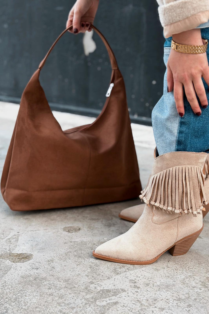Iserne Kadın Kovboy Bot Bej Süet Püsküllü - ILOVESHOES