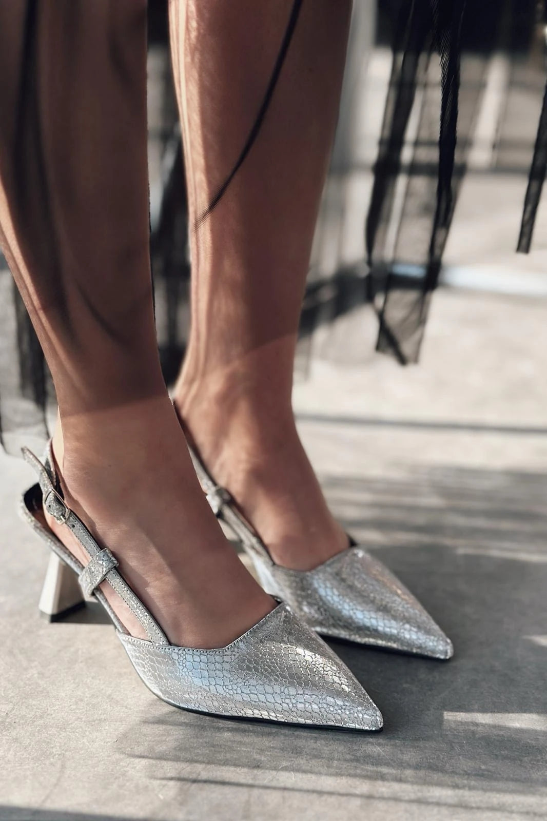 Nowse Parlak Deri Desenli Stiletto Platin