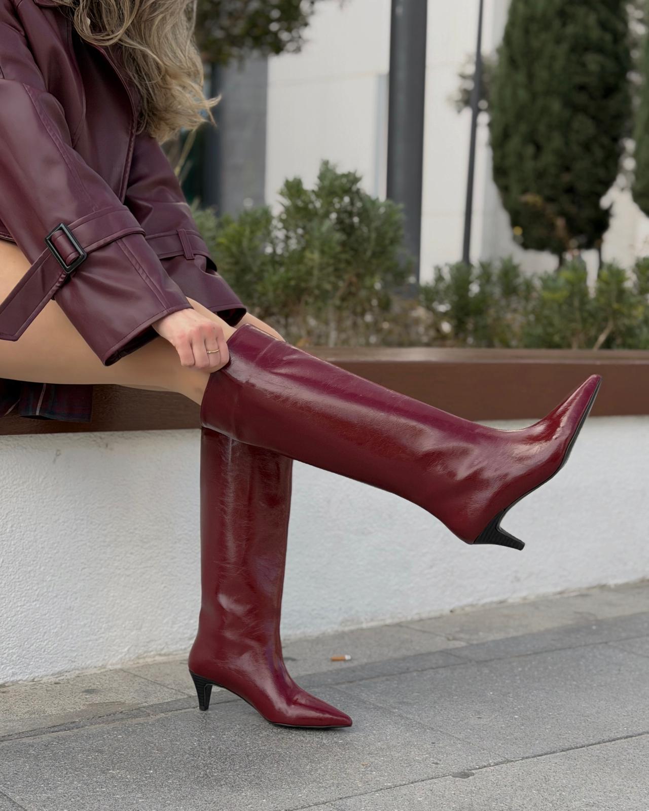 Remni Kadın Topuklu Çizme Bordo Kırışık Rugan - ILOVESHOES