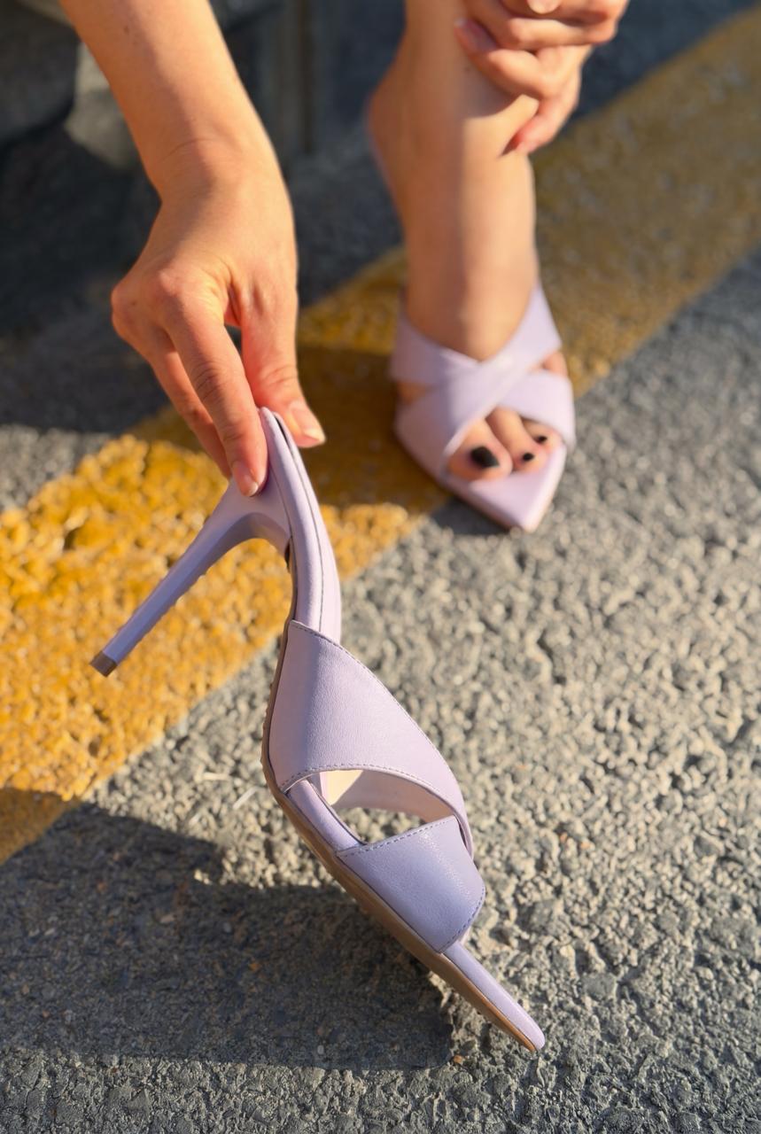Mirello Lila Mat Deri Kadın Topuklu Terlik - ILOVESHOES