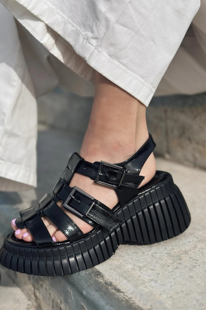 Movina Patent Leather Buckle Detailed Thick Sole Women&