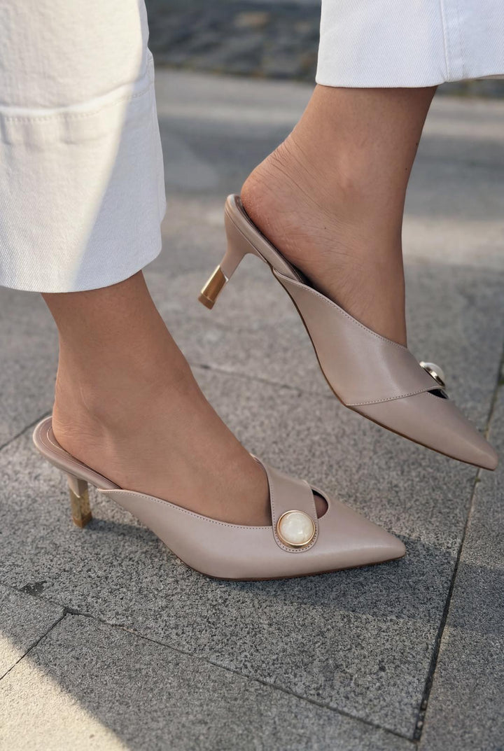Delvor Topuklu Terlik Nude Mat Deri - ILOVESHOES