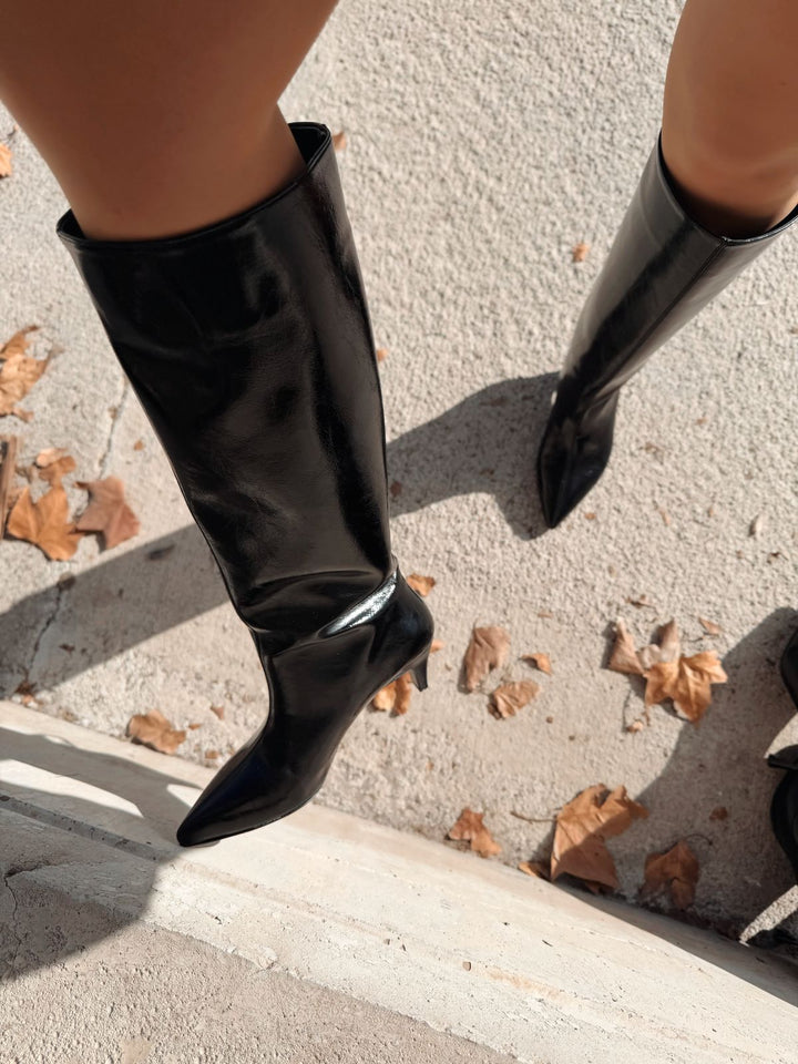 Remni Kadın Topuklu Çizme Siyah Kırışık Rugan - ILOVESHOES