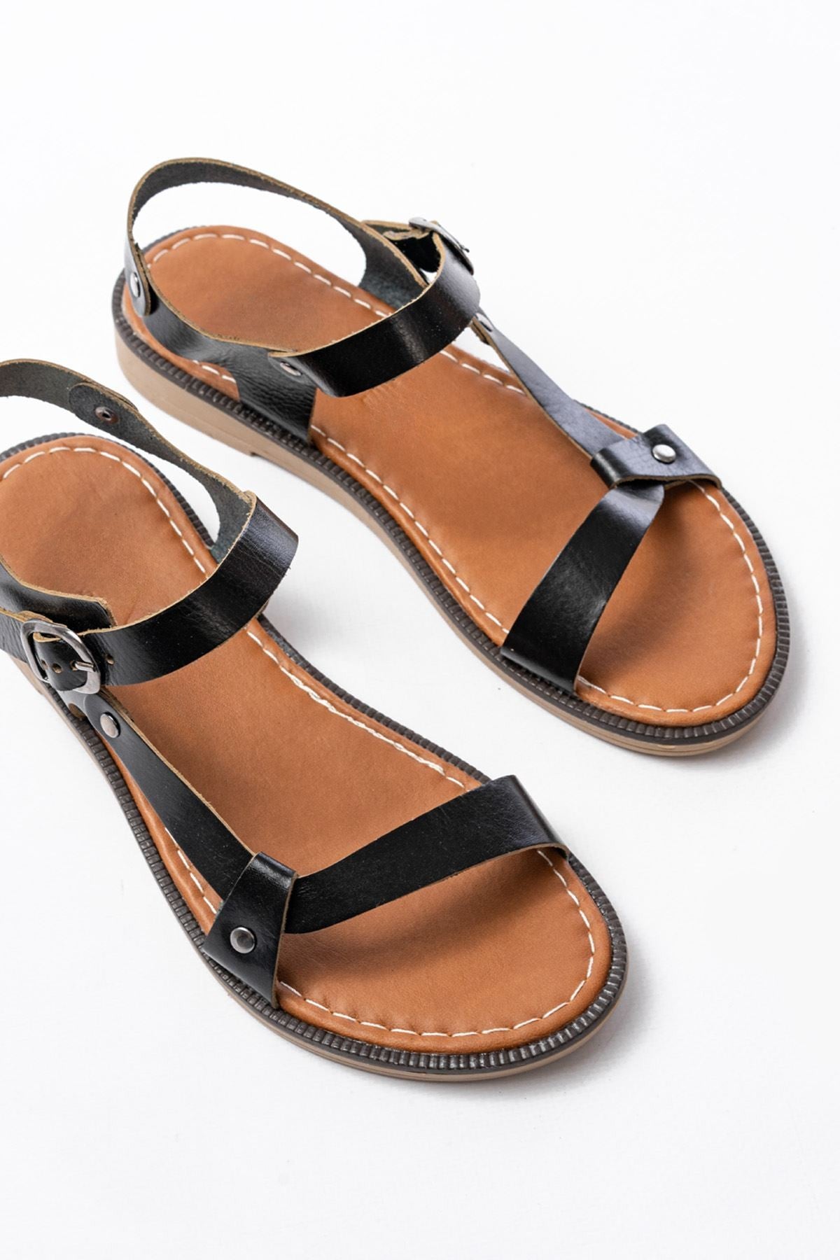 Marilsa Hakiki Deri Siyah Kadın Sandalet - ILOVESHOES