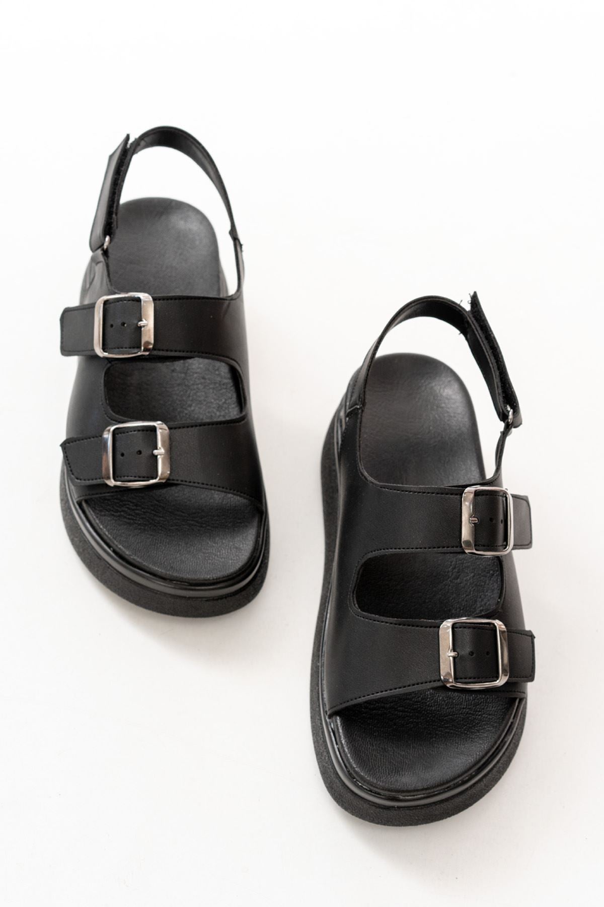 Paliris Mat Deri Siyah Kalın Taban Kadın Sandalet - ILOVESHOES