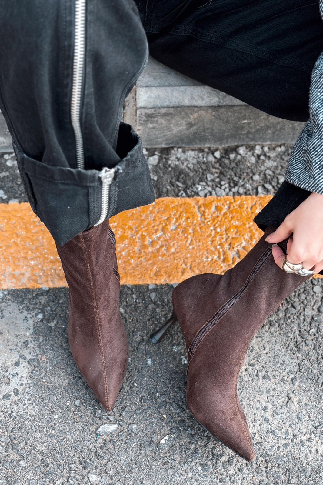 Osenia Kadın Topuklu Streç Bot Acıkahve Süet - ILOVESHOES