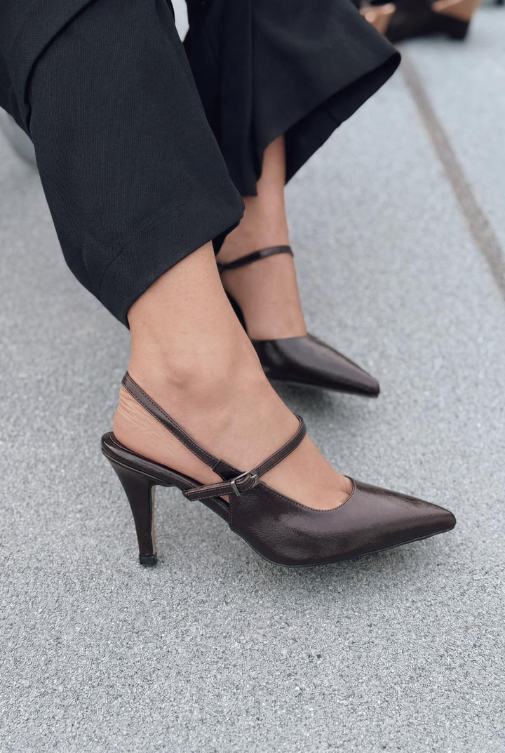 Lorent Acıkahve Kırışık Deri Kadın Stiletto - ILOVESHOES