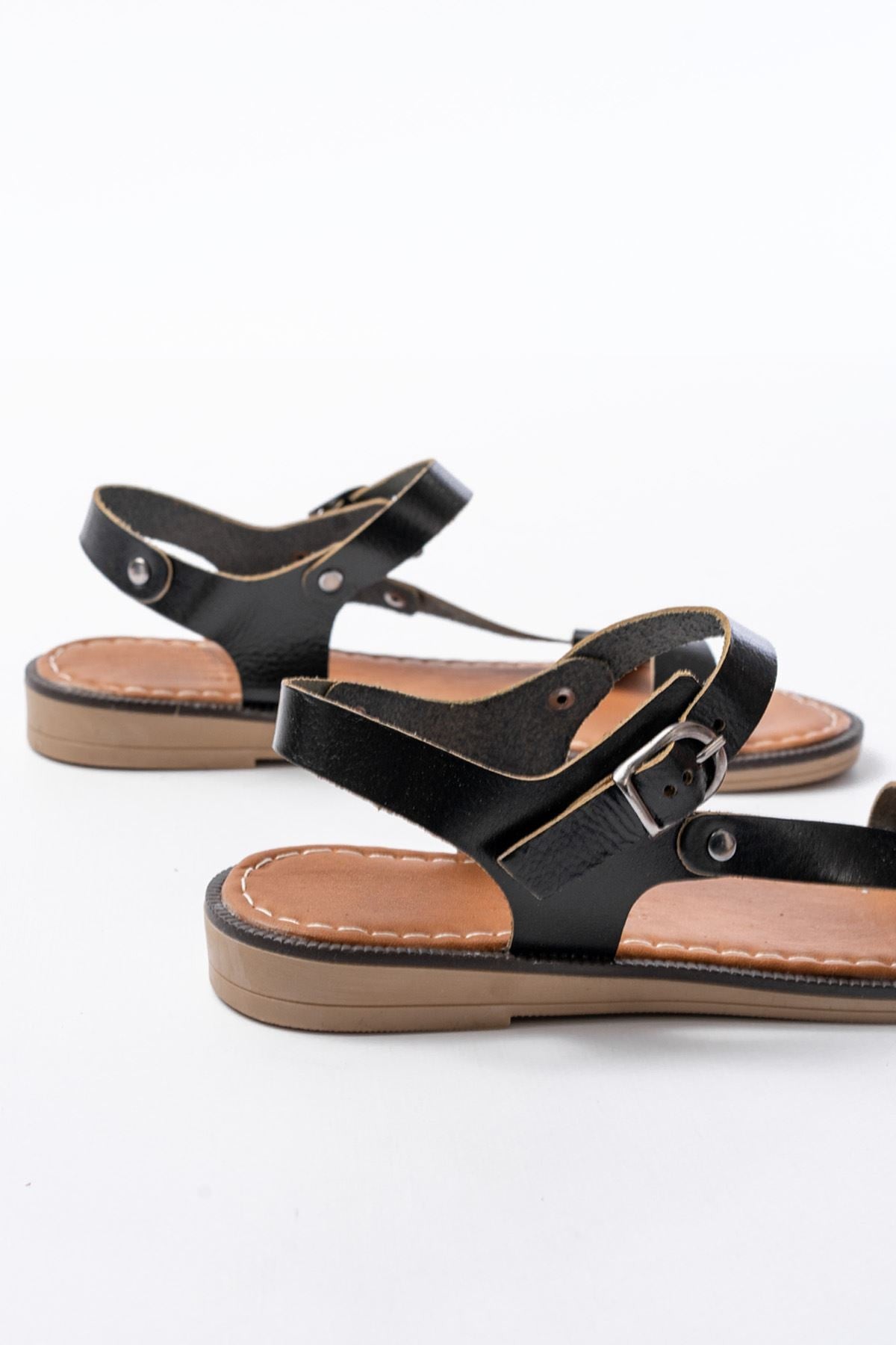 Marilsa Hakiki Deri Siyah Kadın Sandalet - ILOVESHOES