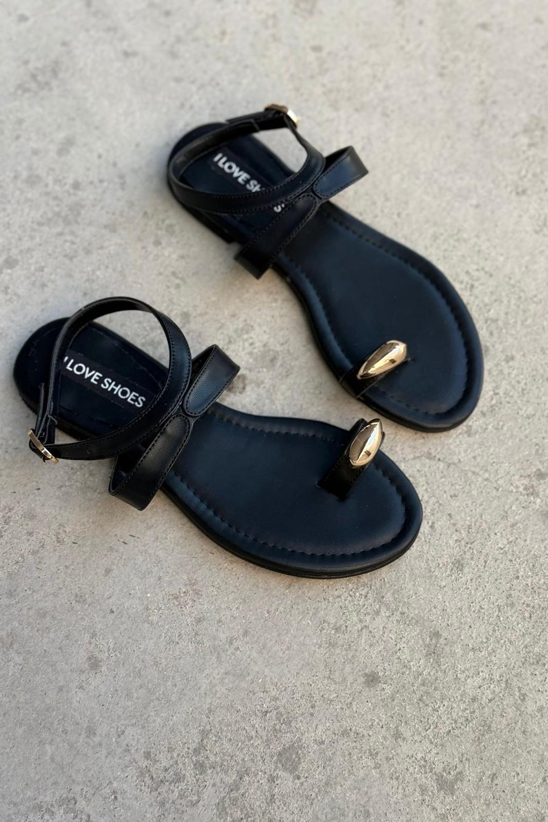 Velinka Mat Deri Siyah Parmak Arası Kadın Sandalet - ILOVESHOES