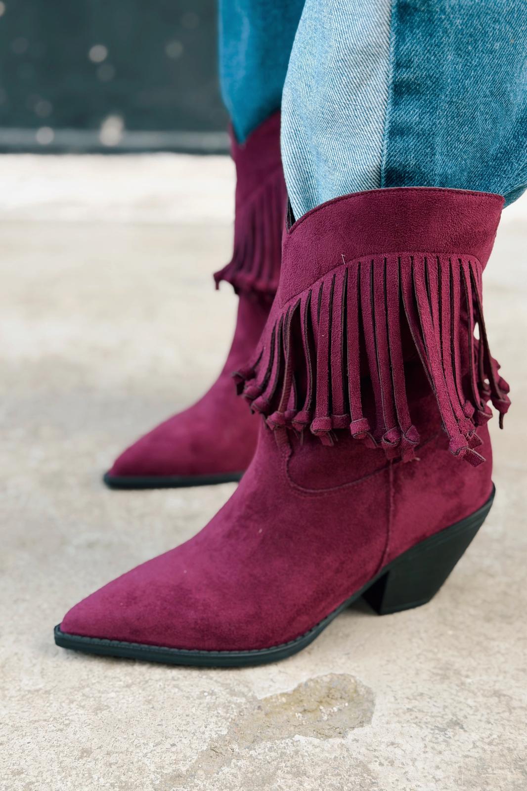 Iserne Kadın Kovboy Bot Bordo Süet Püsküllü - ILOVESHOES