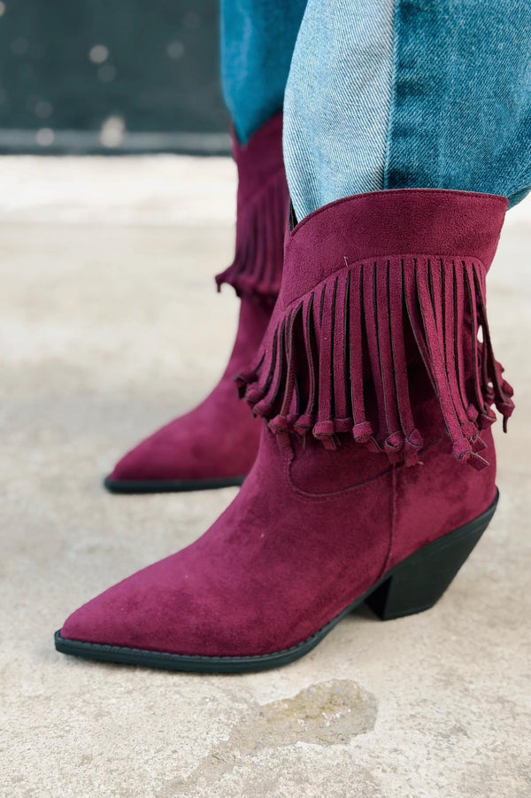 Iserne Kadın Kovboy Bot Bordo Süet Püsküllü - ILOVESHOES