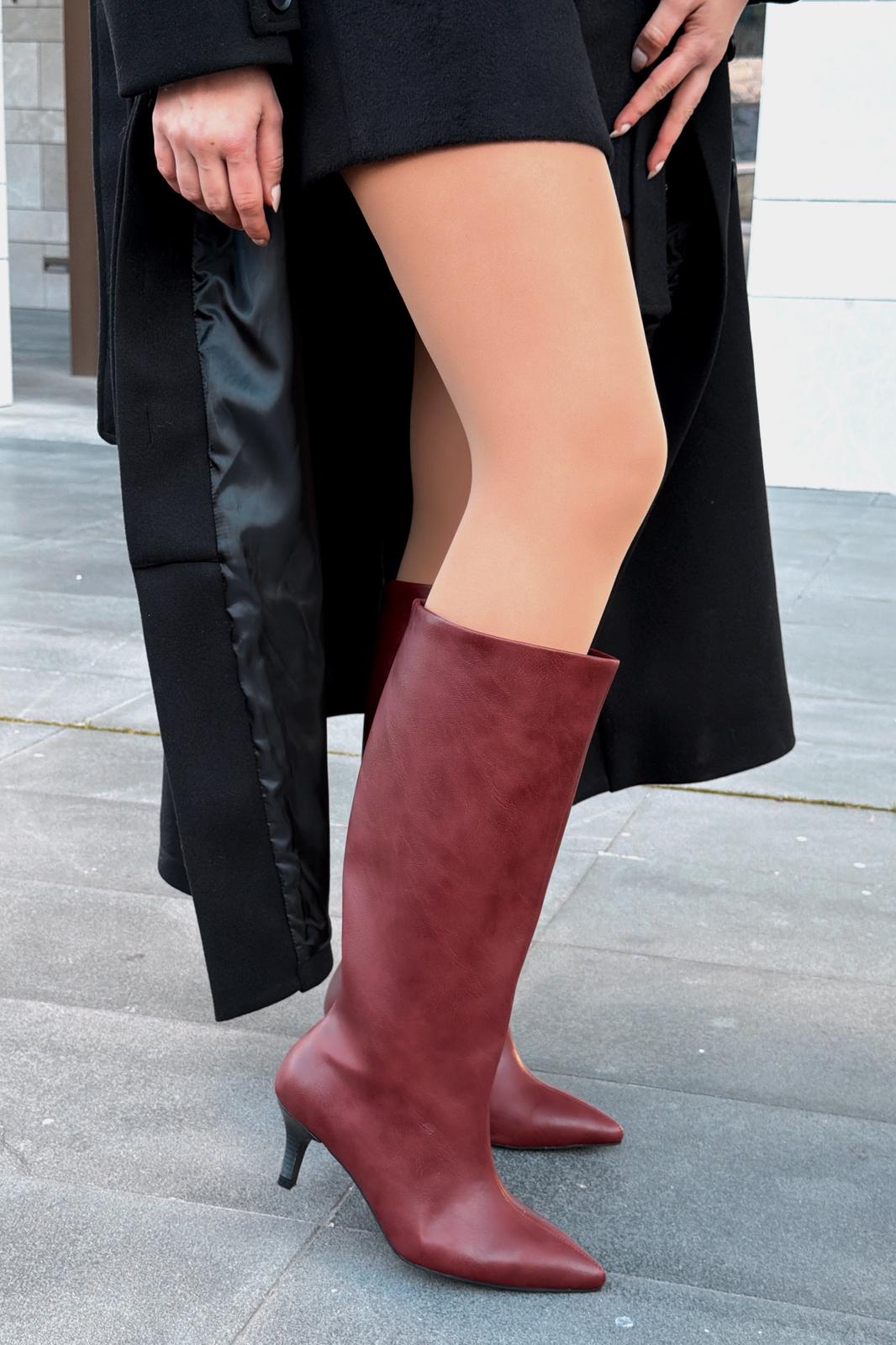 Remni Kadın Topuklu Çizme Bordo Mat Deri - ILOVESHOES