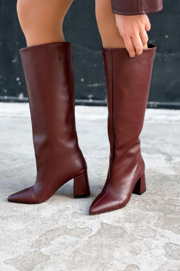 Jarlene Kadın Topuklu Çizme Bordo Mat Deri - ILOVESHOES