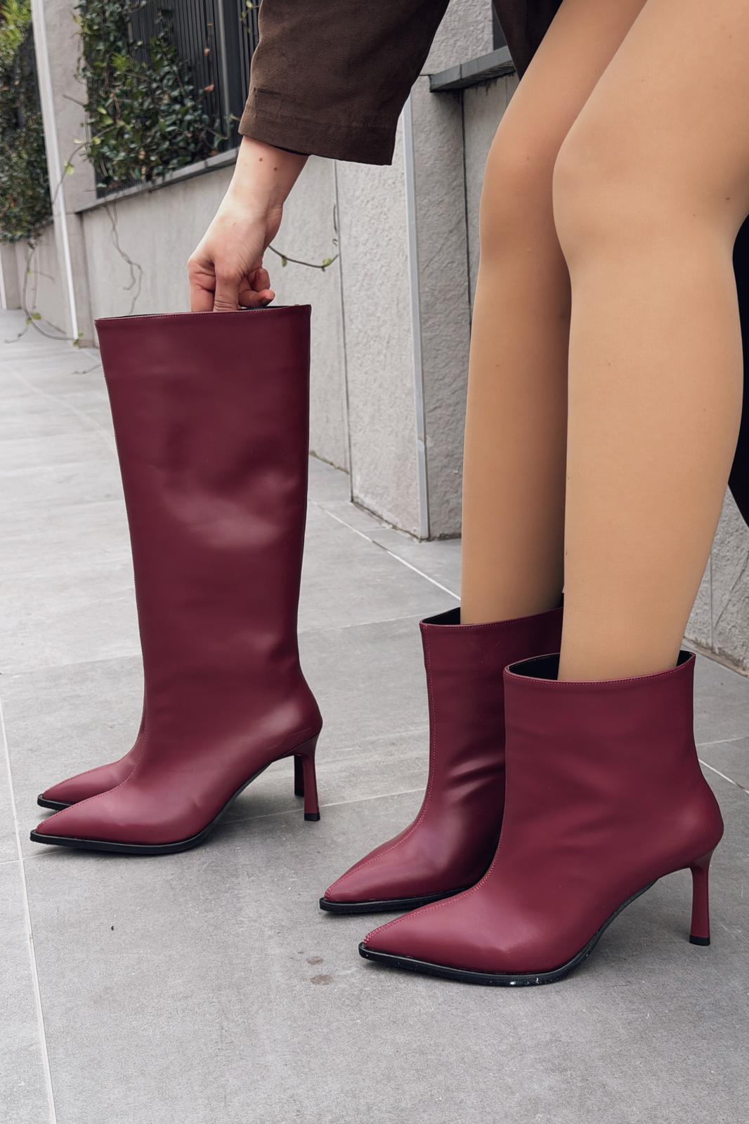Elarin Kadın Topuklu Bot Bordo Mat Deri - ILOVESHOES