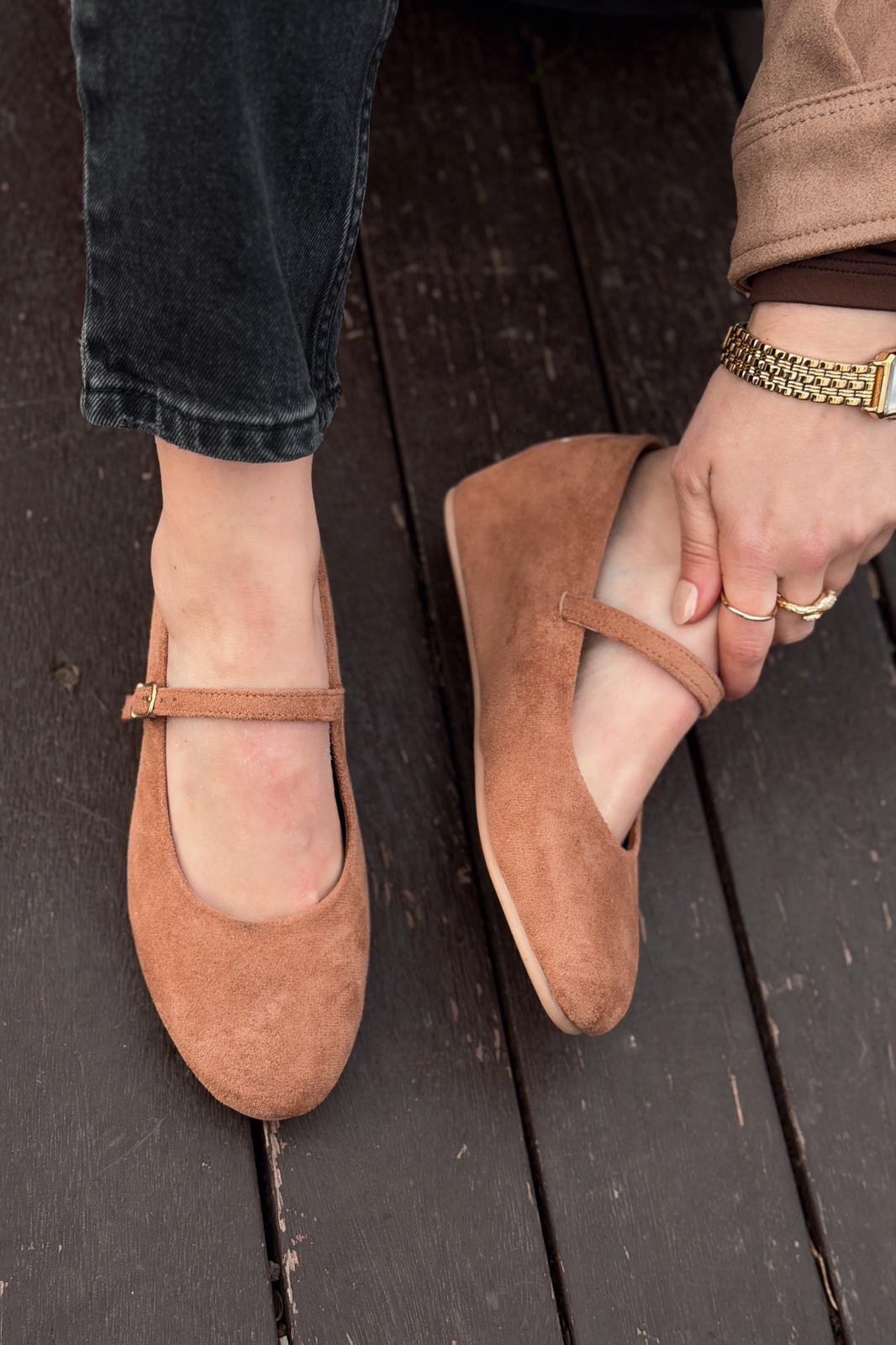 Tenris Kadın Babet Taba Süet Dolgu Topuklu - ILOVESHOES