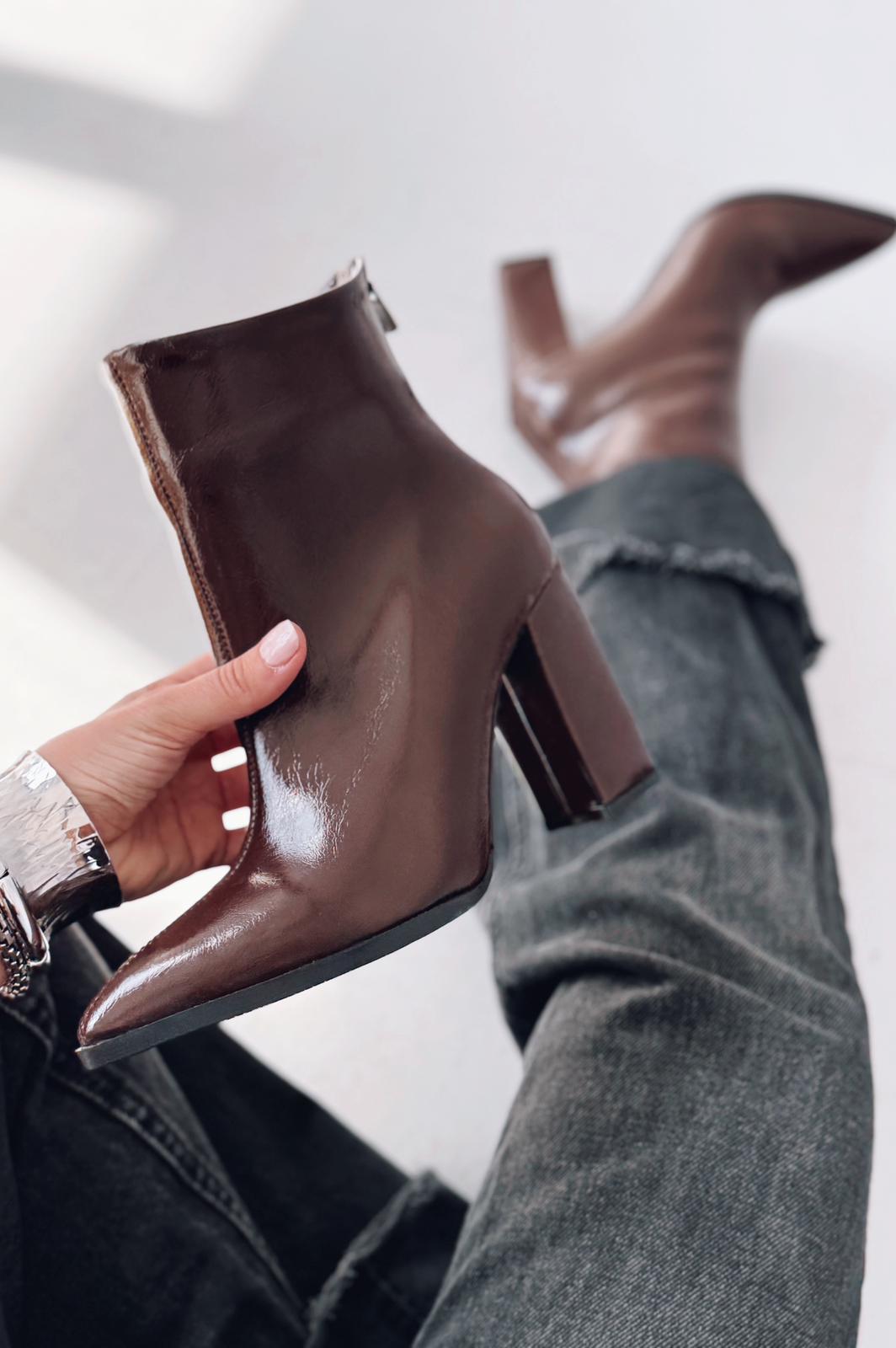 Miren Kadın Topuklu Bot Acıkahve Parlak Deri - ILOVESHOES