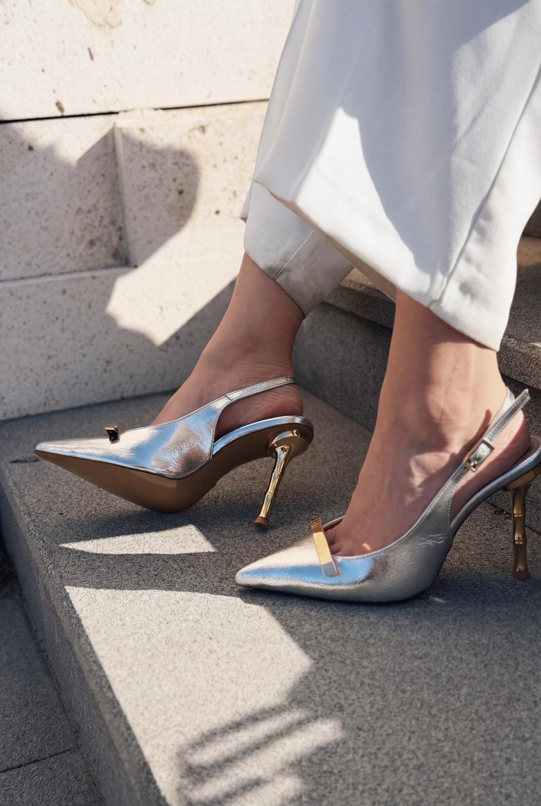 Norloven Gümüş Parlak Deri Kadın Stiletto - ILOVESHOES