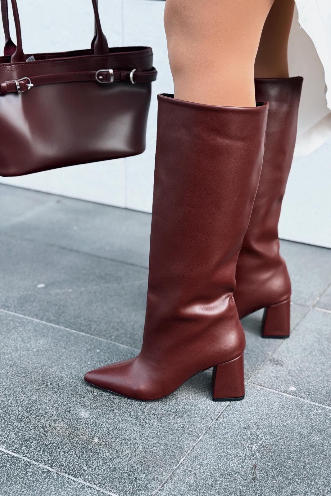 Jarlene Kadın Topuklu Çizme Bordo Mat Deri - ILOVESHOES