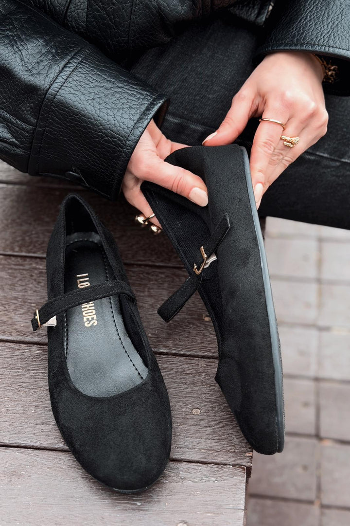 Tenris Kadın Babet Siyah Süet Dolgu Topuklu - ILOVESHOES