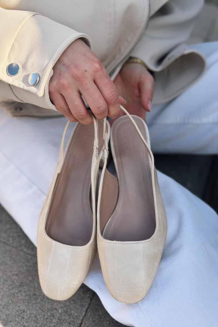 Solen Mary jane Topuklu Ayakkabı Bej Mat Deri Desenli - ILOVESHOES