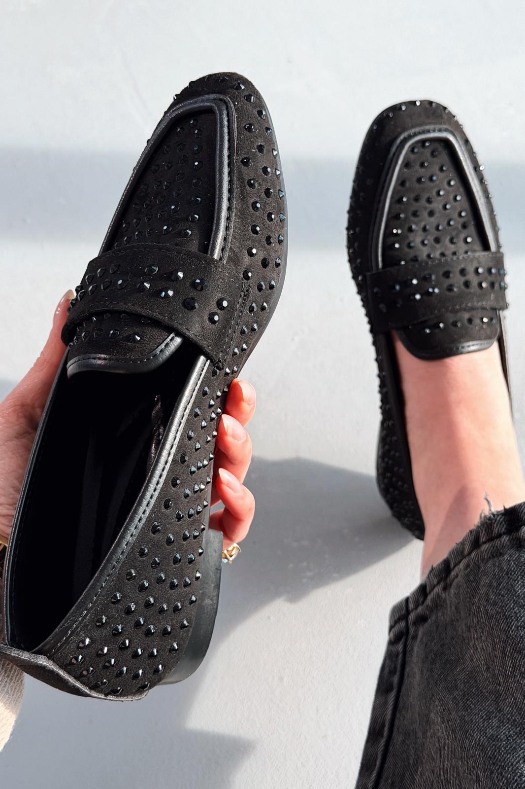 Talori Kadın Loafer Siyah Süet Siyah Taşlı - ILOVESHOES