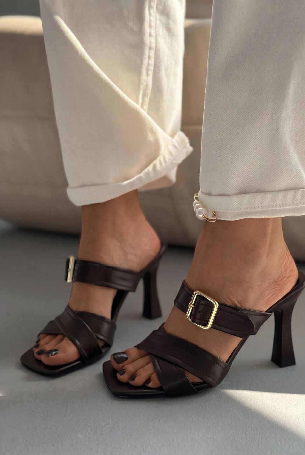 Norden Acıkahve Mat Deri Kadın Topuklu Terlik - ILOVESHOES