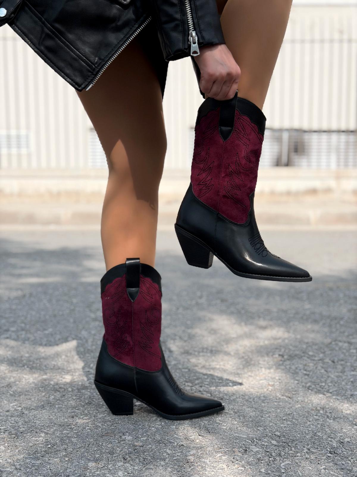 Marnel Kadın Kovboy Çizme Bordo Nakışlı - ILOVESHOES