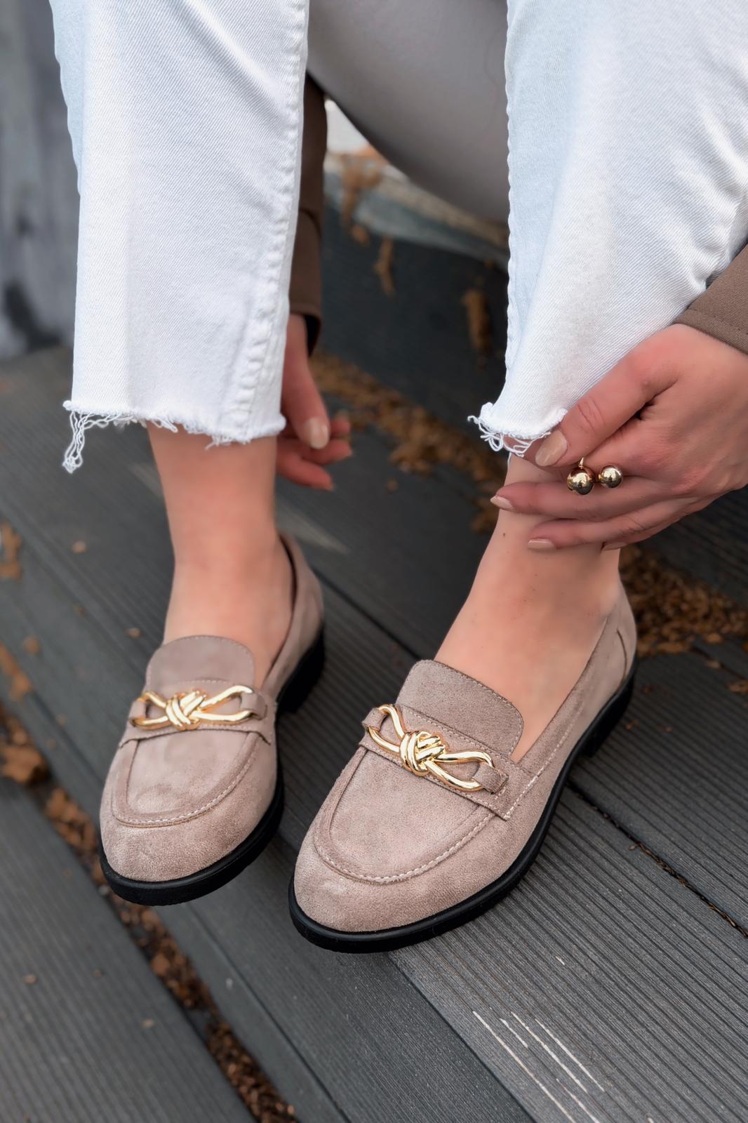 Norel Kadın Loafer Vizon Süet Fiyonk Detaylı - ILOVESHOES
