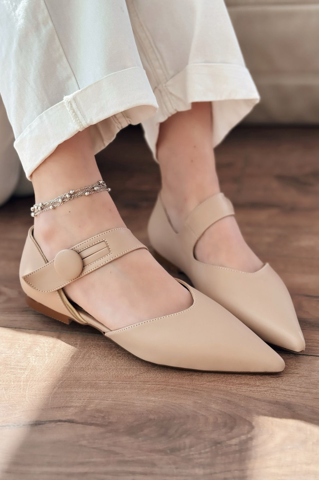 Peronsa Mat Deri Nude Düğme Detaylı Babet - ILOVESHOES
