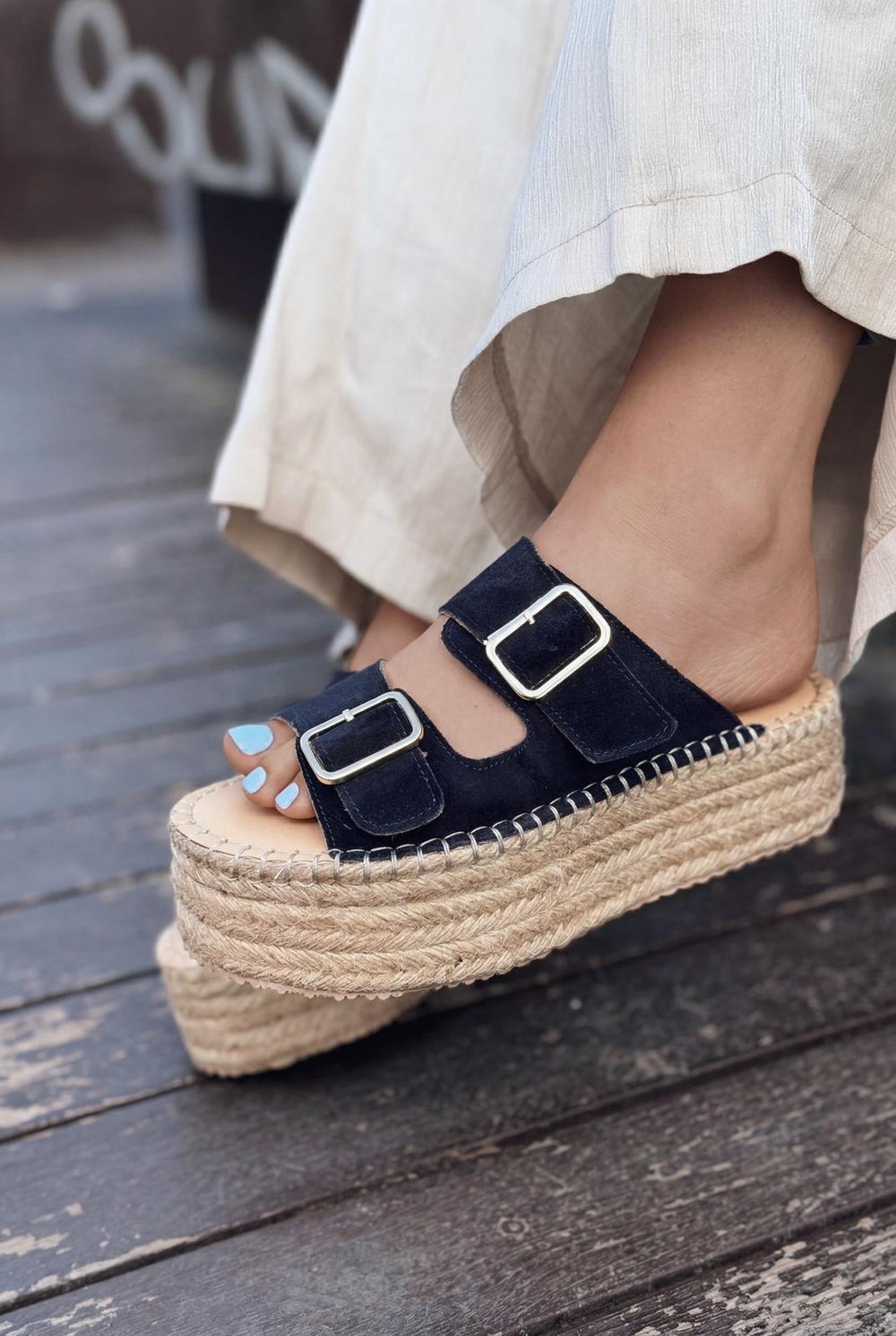 Serinel Lacivert Hakiki Süet Kadın Dolgu Topuklu Terlik - ILOVESHOES